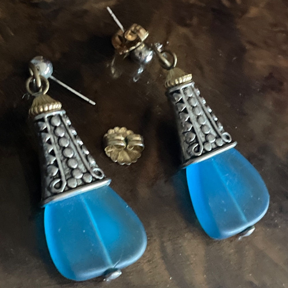 Designer Masha Archer Blue Frosted Resin Bell Earrings with Ornate Silver Caps - Picture 9 of 14